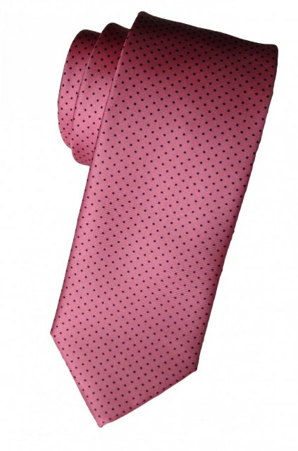 Pink silk tie with navy blue pin dots or micro-spots