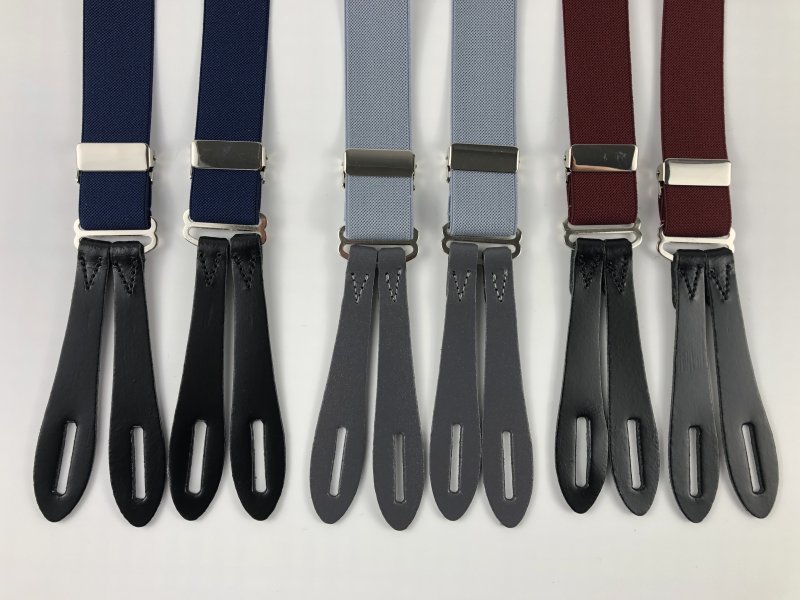 narrow leather end braces: navy blue, silver grey, wine/burgundy