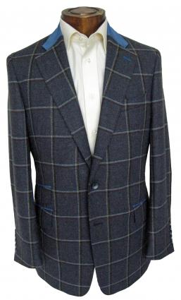 Made to measure tweed jacket in blue check with alcantara collar