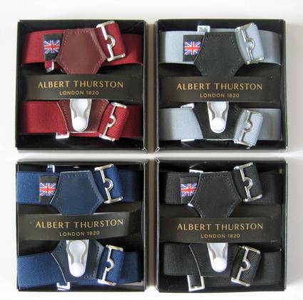 Sock suspenders by Albert Thurston in blue, wine, grey, and black