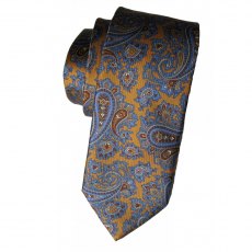Silk tie: large Paisley pattern in blue and bronze on gold