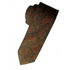 Silk tie: green with medium Paisley pattern in gold blue and brown