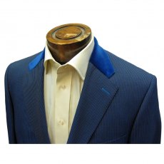 Blue fine stripe suit with velvet collar