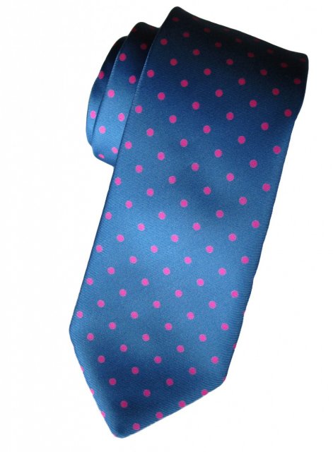Mid blue silk tie with pink spots