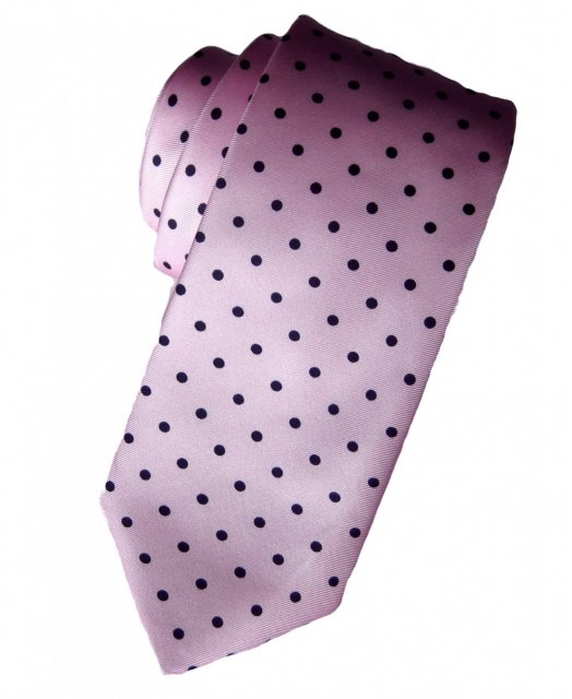 Pale pink silk tie with navy spots