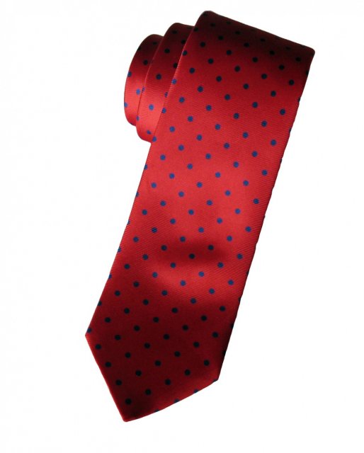 Red silk tie with dark blue spots