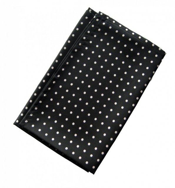 Black silk handkerchief pocket square with white spots