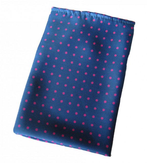 Mid blue silk pocket square with pink spots
