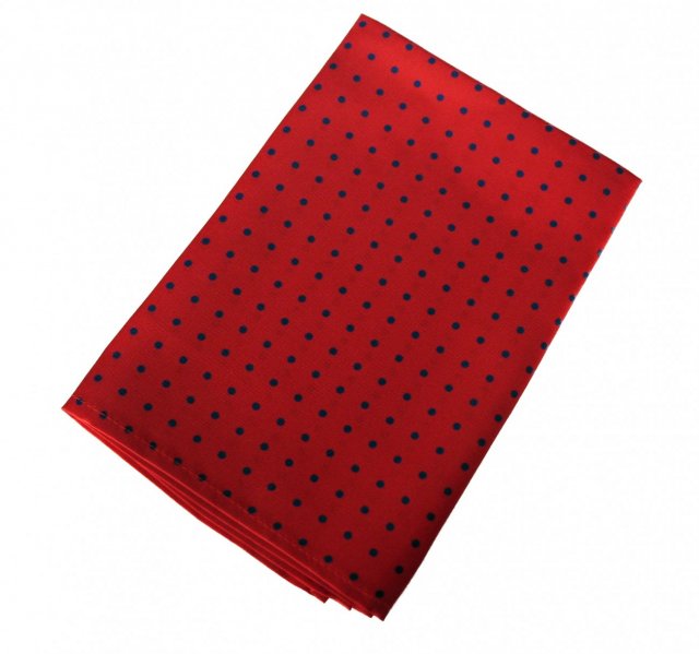 Red silk pocket square handkerchief with navy blue spots