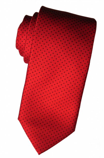 Red silk tie with navy blue pin dots or micro-spots