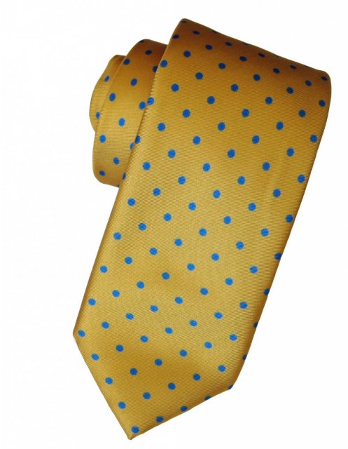 Gold silk tie with mid-blue spots/polka dots