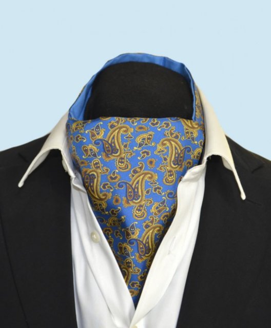 Mid blue cravat with gold and bronze Paisley pattern