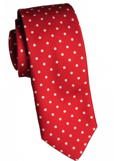 Red silk tie with white spots Aidan Sweeney Brecon