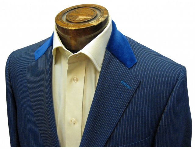 Blue suit with fine stripes and velvet collar