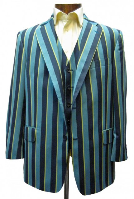 Suit with wide and narrow blue stripes and narrow gold stripes