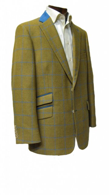 Tweed jacket green with blue check and blue collar