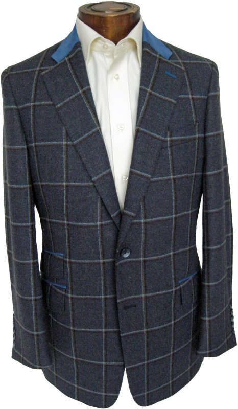 Blue check tweed jacket with blue alcantara collar and blue buttonhole detail