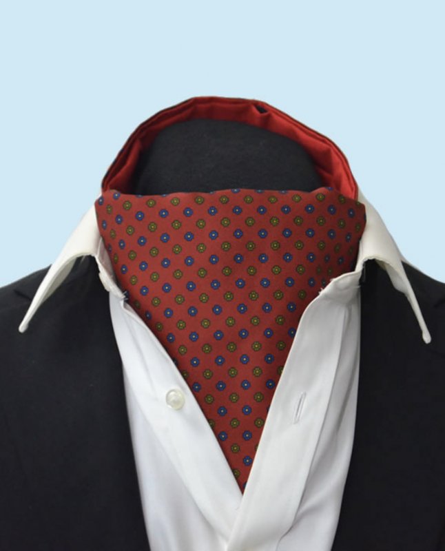 Silk cravat: red with navy and green flowers