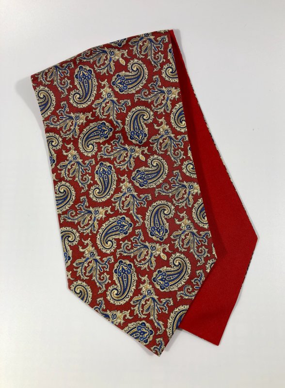 Silk cravat: red with Paisley pattern in blue, gold and white
