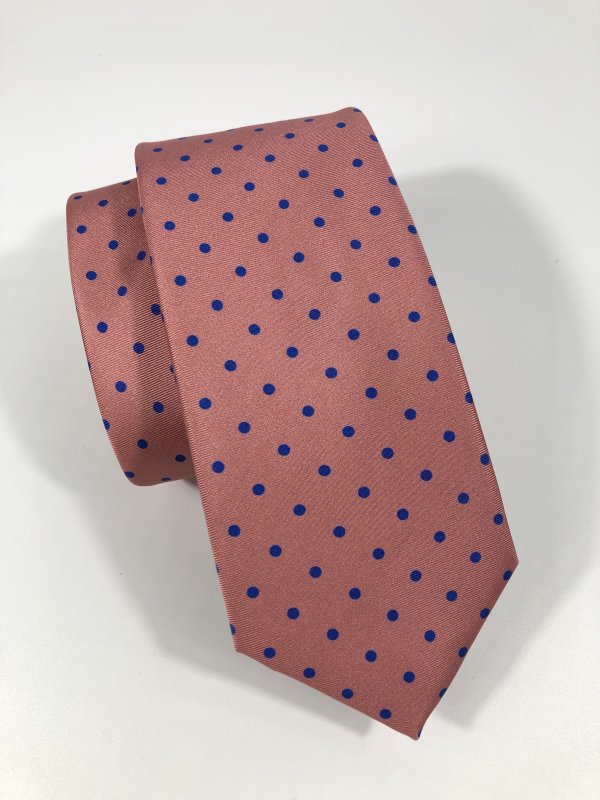 Silk tie: mid pink with mid blue spots