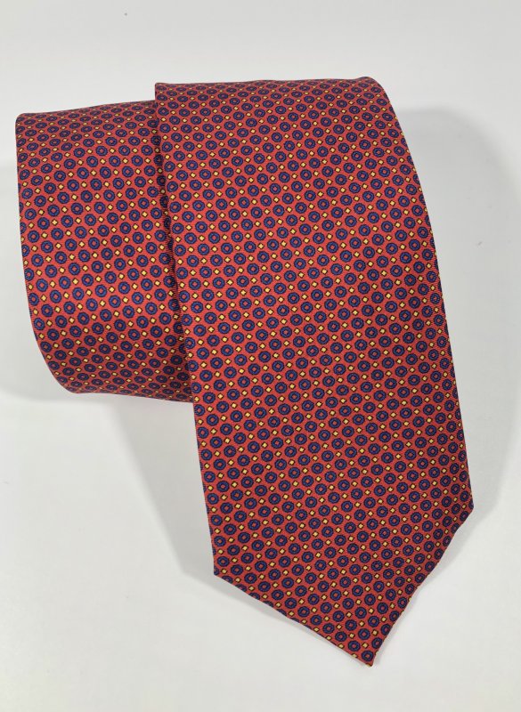 Silk tie: red with blue circles and yellow dots