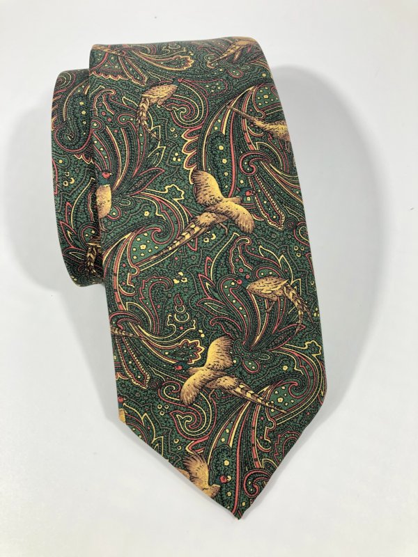 Silk tie: green pheasant design