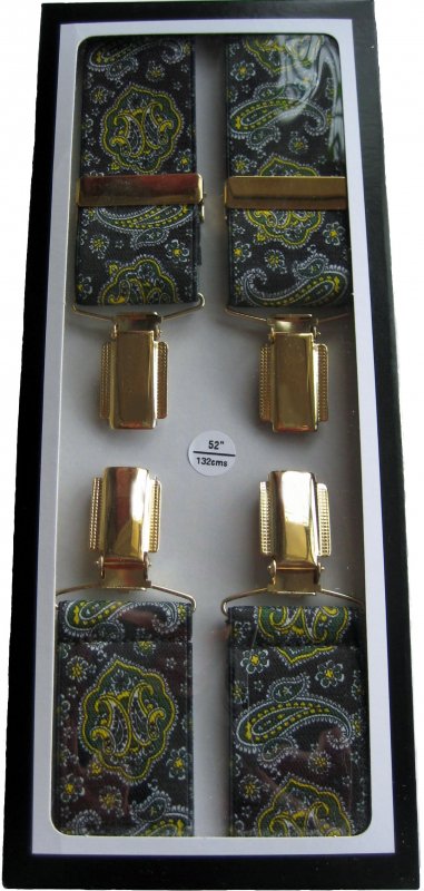 Green and black Paisley pattern clip braces XXL (52 inches)