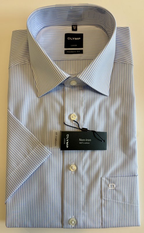Olymp short sleeved blue and white striped shirt