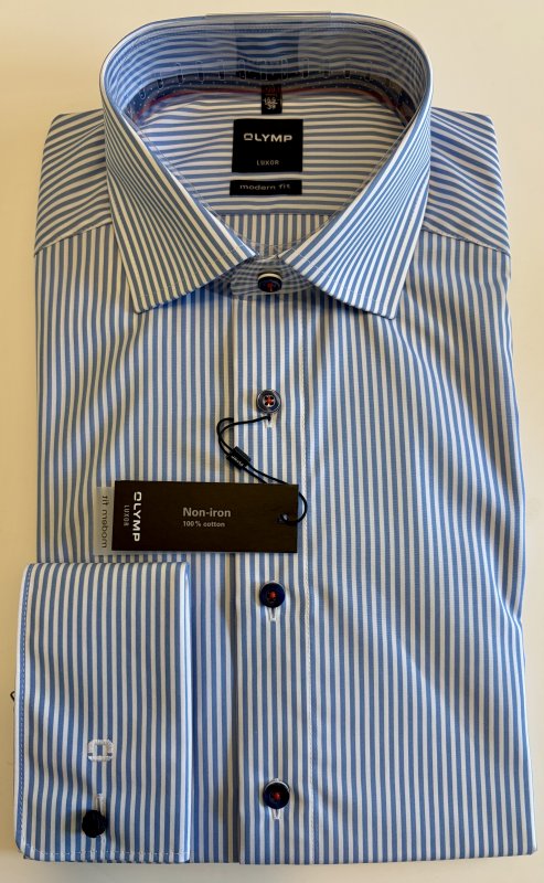 Olymp striped blue shirt with contrast buttons