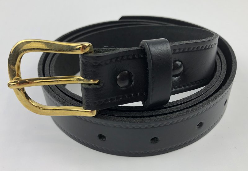 Black leather belt with gold coloured buckle