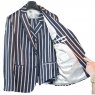 navy and white striped suit