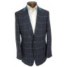 Blue check tweed jacket with blue alcantara collar and blue buttonhole detail