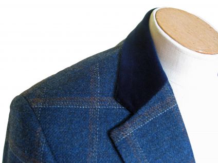 Three piece tweed suit blue check with velvet collar